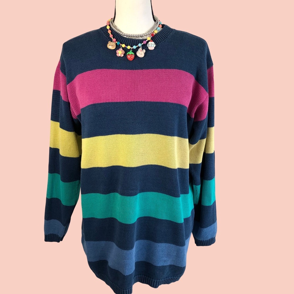 Vintage 80s 90s Lizwear Colorblock Striped Knit Sweater USA Made Small Kidcore